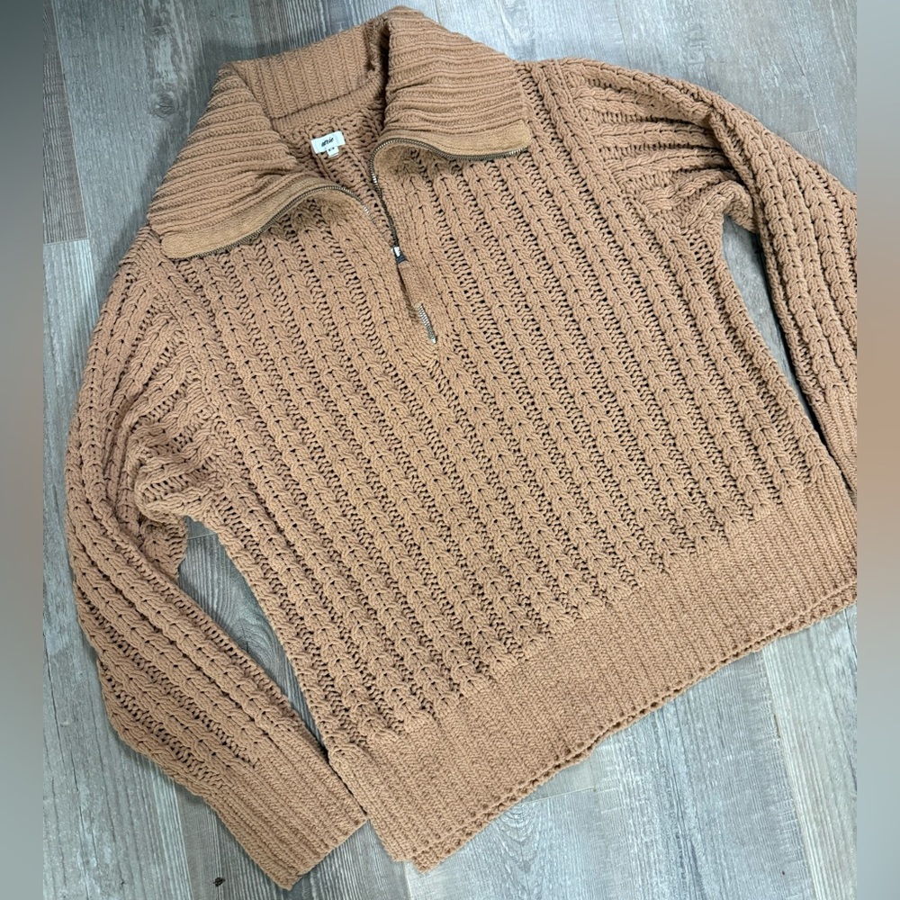 Aerie Warm Brown Cable Knit Quarter zip Collared Sweater med
